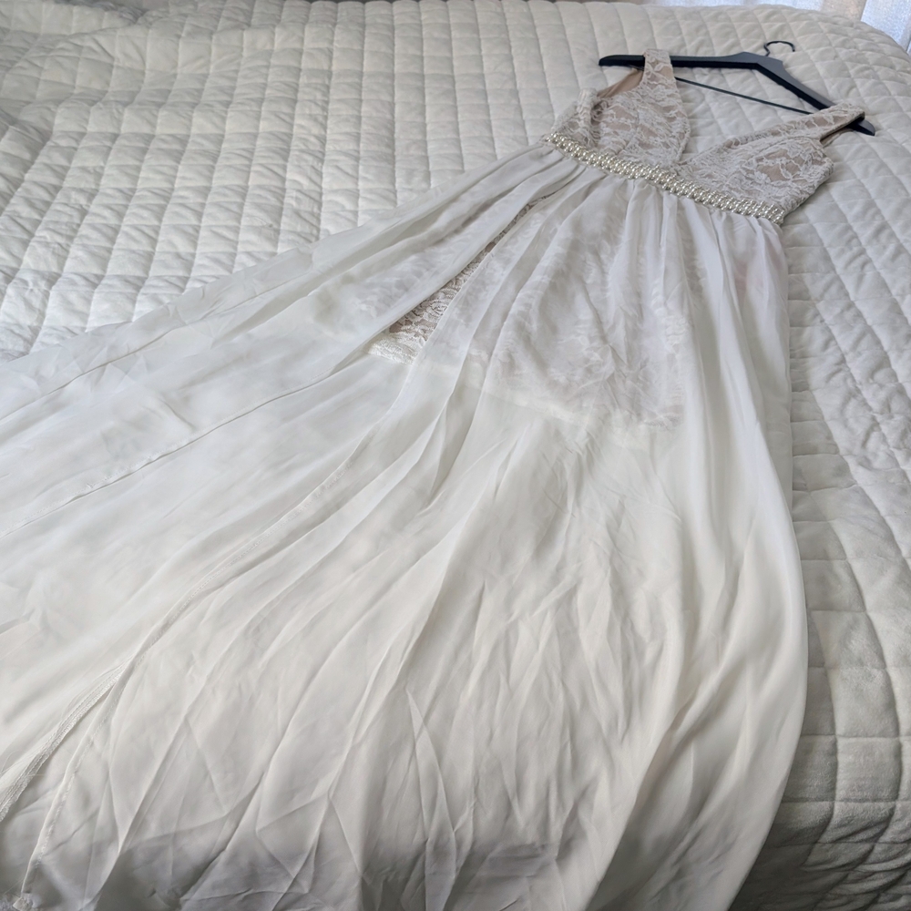 Crystal Doll Tan and Cream Dress Lace Overlay Beaded Waist Size 7 - Picture 3 of 6